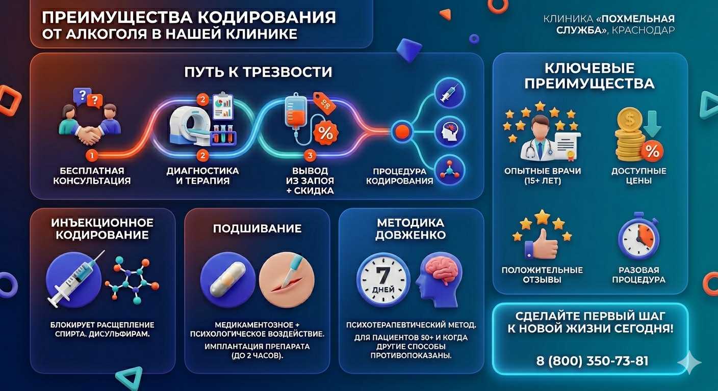 Инфографика о методах кодирования от алкоголя в СВАО Москвы: инъекции, подшивание, метод Довженко. Преимущества клиники и этапы лечения.